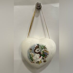 Vintage Ceramic Heart Christmas Ornament – Snowman & Kids Scene